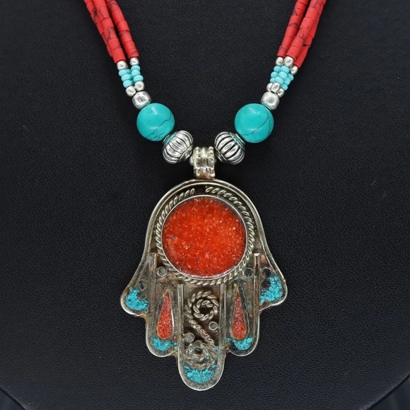 Tibetan silver turquoise and coral Nepali necklace - Picture 2 of 8